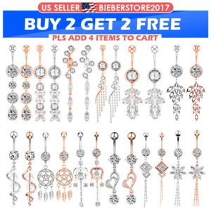 2PCS Belly Button Rings Surgical Steel CZ Dangle Navel Ring Piercing Jewelry 14G - Picture 1 of 38