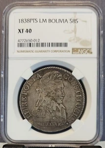 1838 PTS LM BOLIVIA SILVER 8 SOLES S8S NGC XF 40 SCARCE GREAT LOOKING COIN - Picture 1 of 3