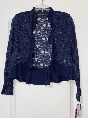 Bolero R&M Richards para mujer con lentejuelas de encaje azul marino encogido de hombros talla 12P nuevo con etiquetas Foto 1 de 4