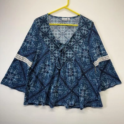 Camisa Kim Rogers Para Mujer XL Azul Boho Encaje Borde Manga Campana Túnica Con Cordones Top Foto 1 de 4