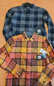 2 Boy's Youth Volcom Caden Plaid Long Sleeve Button Up Cotton Flannel Shirts New - Picture 1 of 12