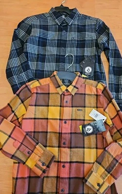 2 Boy's Youth Volcom Caden Plaid Long Sleeve Button Up Cotton Flannel Shirts New - Image 1 of 4