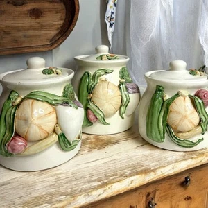 Vintage 1990s Vegetable Harvest 3 Piece Canister Set with Lids Hand painted - Picture 1 of 9