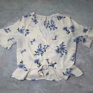 Lydelle Women's Cream with Blue Floral Print Tie Front Peplum Blouse Top Size S - Picture 1 of 10