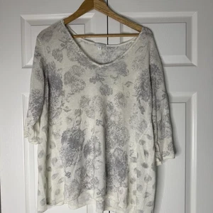 Maglione J Jill misto puro lino scollo V bianco floreale grigio top manica 1/2 grande - Foto 1 di 8