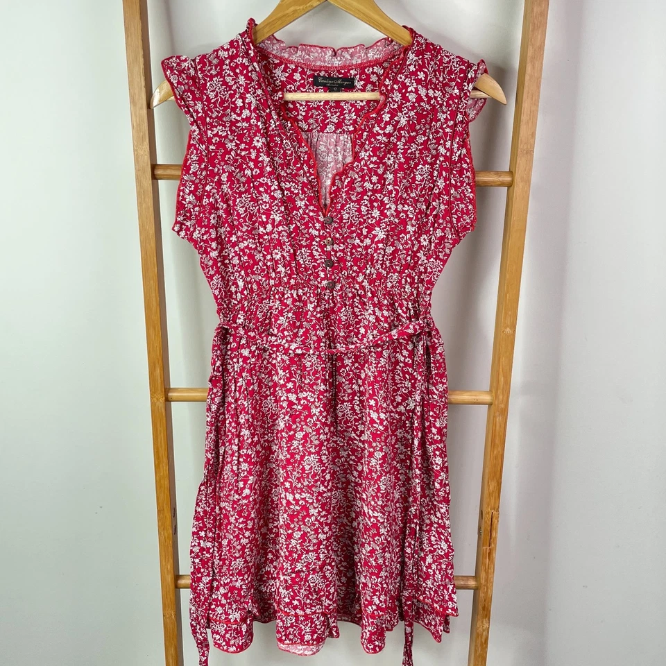 Caroline Morgan Dress Womens 12 Red Floral Ruffle Trim Flutter Sleeve V-Neck - image 1 of 4