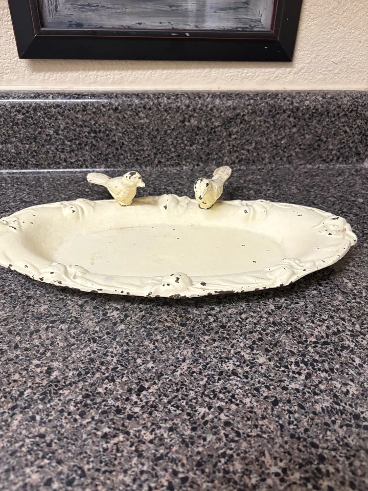 "Alimentador de baño para pájaros de hierro fundido vintage 2 pájaros granja suculentas rústicas 13 1/2""" Foto 1 de 4