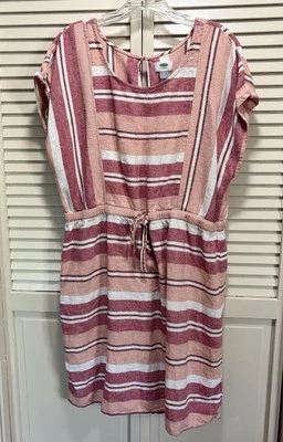 Old Navy Pink/White Striped Dress Size XL Short Sleeve Tie Waist Keyhole Neck - Image 1 of 4