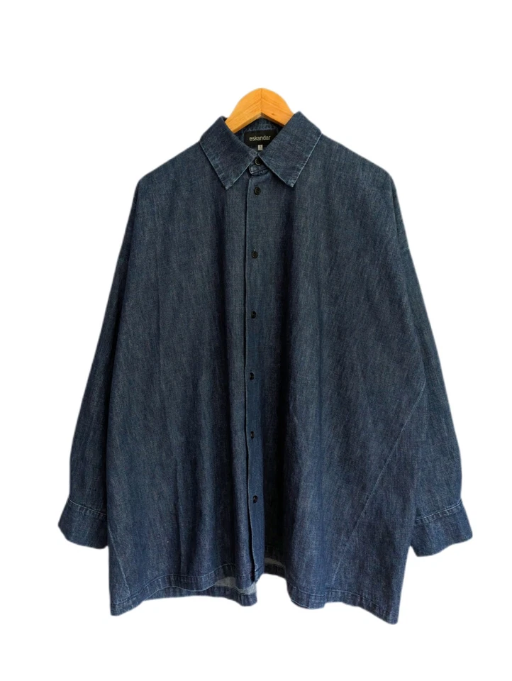 Eskandar Shirt Denim Jacket SIZE 1 / SIZE UK 14-16 Lagenlook Navy Blue Button Up - Image 1 of 4