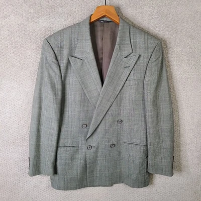 Blazer De Colección Perry Ellis Hombres 40R Gris Glen Lana A Cuadros Doble Pecho Saks Foto 1 de 4
