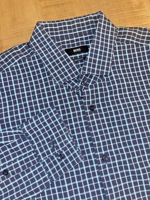 Camisa de vestir Hugo Boss para hombre azul blanco a cuadros ajuste regular abotonada talla 18 Foto 1 de 4