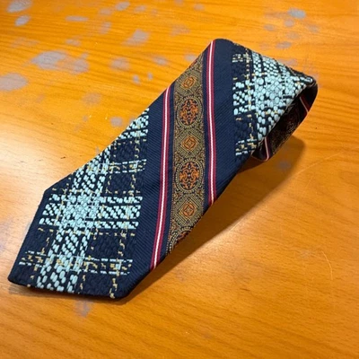 Corbata de cuello ancho vintage de los 80 Robertsons para hombre azul marrón estampado a rayas a cuadros Foto 1 de 4