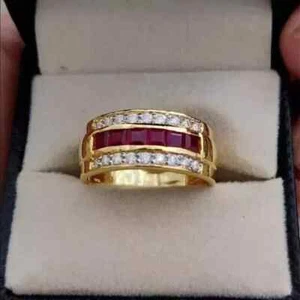 2Ct Princess Lab Created Garnet Men's Band Ring 14K Yellow Gold Plated Silver - Picture 1 of 6