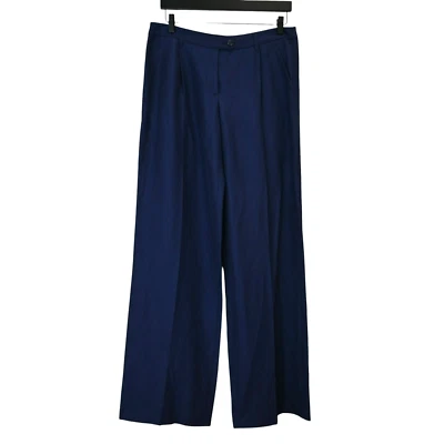 Calça Moschino barata e chique perna larga tamanho 10 azul carreira lã linho plissado - Imagem 1 de 4