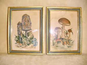 Set of 2 Vintage Theorem Paintings on White Velvet - Mushrooms Signed Marge - Picture 1 of 7