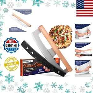 Sharp Pizza Cutter Stainless Steel Rocker Blade Knife Wooden Handle & Cover 14" - Picture 1 of 9