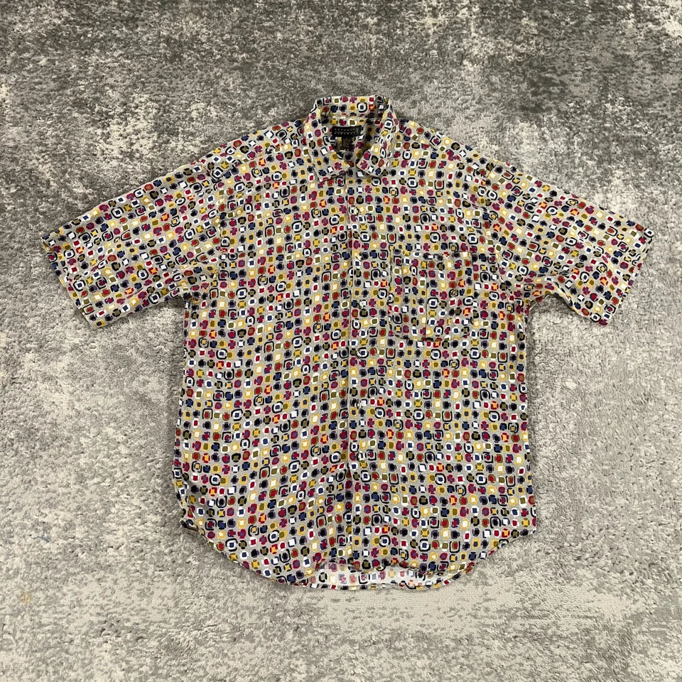 VTG Reunion Shirt Mens Large L Beige Geometric Atomic Print 80s 90s Rayon Preppy - Image 1 of 4