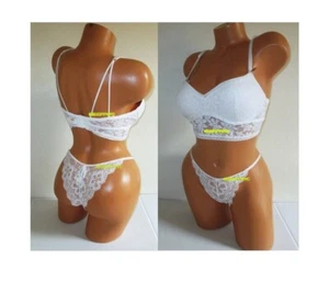 PINK Victoria Secret L/L Strappy Push Up Bralette Set Brazilian Panty White Lace - Picture 1 of 12