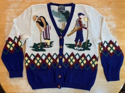 Suéter cárdigan tejido a mano Berek 1989 vintage de Martha D escena de golf algodón Pima Foto 1 de 4