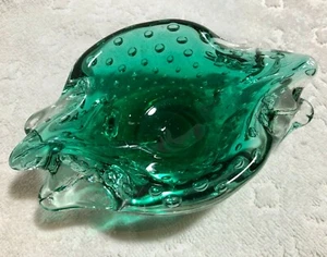 VINTAGE Art-Glass Controlled-Bubble Bullicante Crystal + Blue-Green Ashtray - Picture 1 of 12