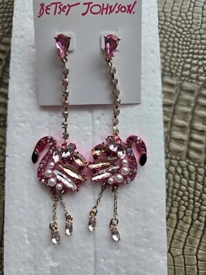 Betsy Johnson Jeweled Rhinestone Flamingo Drop Earrings  NEW - Image 1 of 4