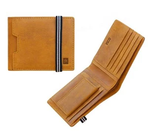Men's Rugged Sand Brown Leather Bifold Wallet with Elastic Security Strap RFID - Picture 1 of 9