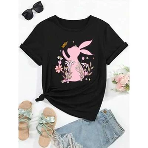 Easter bunny flower print round neck T-shirt, versatile daily top - Picture 1 of 12
