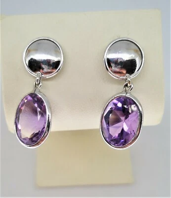 ORECCHINI DONNA ORO BIANCO 750 18K PENDENTI OVALE AMETISTA VIOLA BOUCLES OREILLE - Immagine 1 di 2