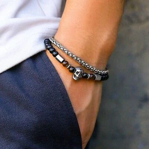 Bracciale in pietra naturale occhio di tigre teschio in acciaio braccialetto uom - Foto 1 di 7