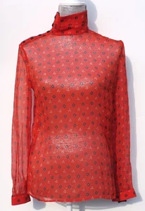 GIORGIO ARMANI Orange Red Printed Sheer Long Sleeve Black Button Neck Blouse S - Picture 1 of 12