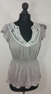 River Island Blouse UK 8 34 Cinched Waist Top Cap Sleeve V Neck Lace Shirt Grey - Picture 1 of 12