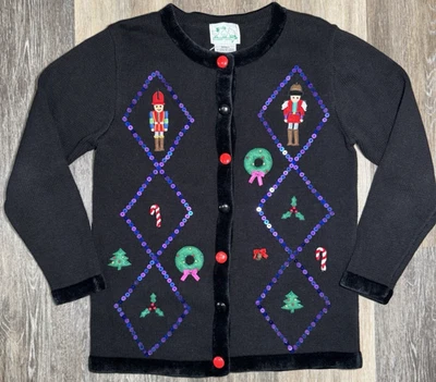 The Quacker Factory Christmas Cardigan Sweater Women's Small Nutcracker Wreath - Image 1 of 4