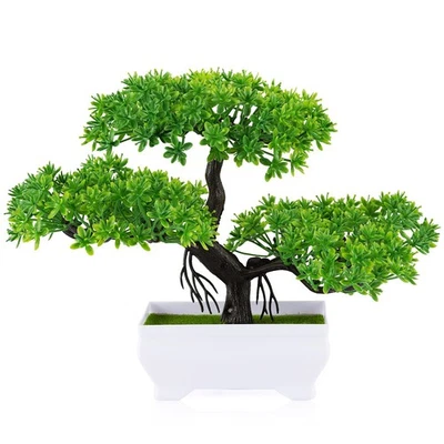 Mini plantas de árbol bonsai artificiales con macetas de cemento de plástico para oficina en casa D... Foto 1 de 4