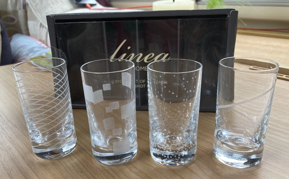 LINEA (House of Fraser) BOXED SET 4 ETCHED SHOT GLASSES  - Image 1 of 4