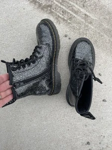 Dr Martens Boots Girls 1460 J Black Silver Sparkle Size 3 Side Zip Lace Up - Picture 1 of 8