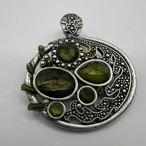 Silberfarbener Anhänger grüner Cabochon Acryl Steine oval offen Metallarbeit - Bild 1 von 8