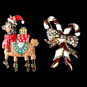 2 Enamel Christmas Pins Reindeer with Presents & Candy Canes Rhinestone Ribbon - Picture 1 of 2