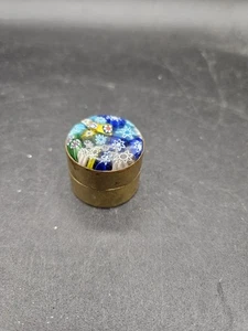 VTG. Brass Pillbox w/ Art Glass Millefiore Top - Picture 1 of 6