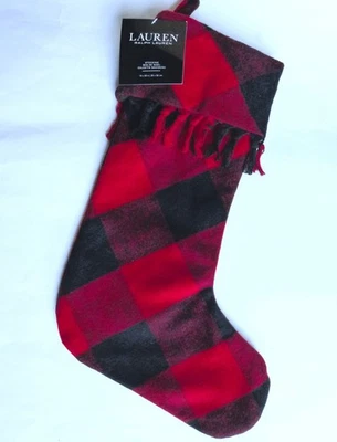 RALPH LAUREN Buffalo Plaid CHRISTMAS STOCKING Red Black Check Fringe Wool Blend - Image 1 of 3