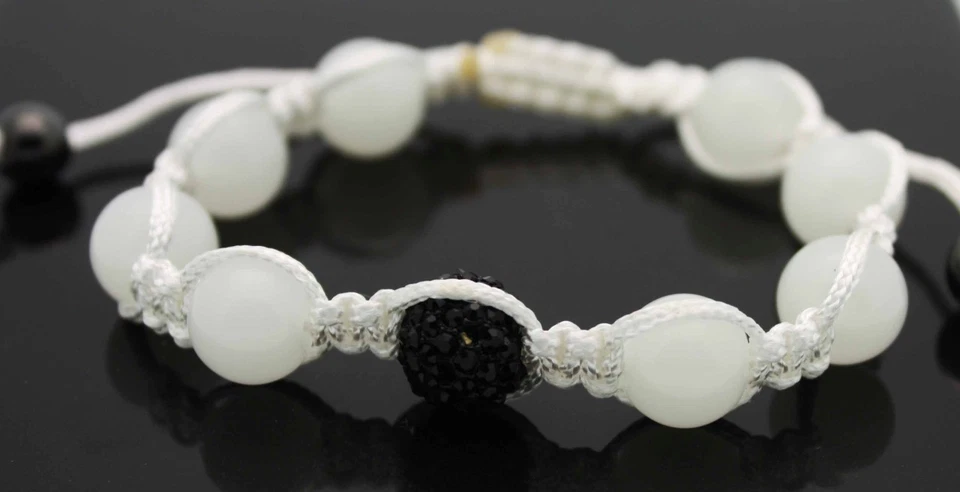 Macrame Beaded Bracelet with White Glass beads and black crystal ball ADJUSTABLE - Image 1 of 1