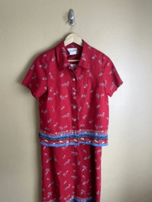 Vintage Miss Dorby Two Piece Red Dress and Blazer Set Linen Blend Floral Size 8 - Image 1 of 4