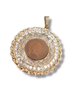 1902 Indian Head  US 1 Cent Coin Pendant Vintage Gold Tone Rhinestone USA Large - Picture 1 of 6