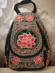 Pretty Embroidered Backpack, Pink Lotus Flowers Blossom Colourful Shoulder Bag - Picture 1 of 3