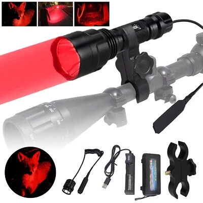 Taktische Rot LED Taschenlampe Jagd Lampe Licht Fackel Akku& Mount&Schalter - Bild 1 von 4