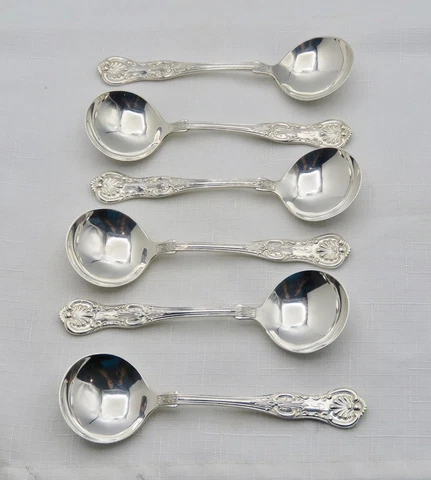 Six Wallace Sterling Silver Kings  Pattern Bouillon Soup Spoons Cover