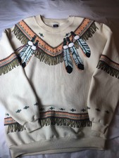 Vtg Sweatshirt Native American Indian S/M Squaw Print All Over Print Few Stains