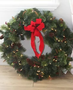 GROSSER BELEUCHTETER WEIHNACHTSKRANZ MIT VORBELEUCHTETEM WEIHNACHTSKIEFERNKRANZ mit ROTER SCHLEIFE 28 ZOLL - Bild 1 von 11