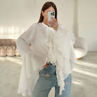 Spring Women Solid Color Chiffon Shirt Round Neckline Flared Sleeve Ruffled Top