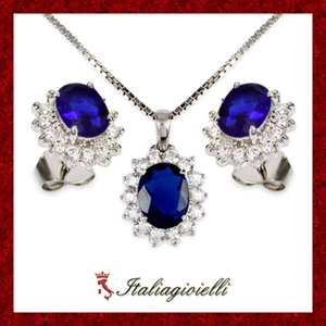Sfarzosa Parure Zaffiro Donna Argento 925 Rodiato Oro Bianco con Zirconi Regalo - Foto 1 di 10