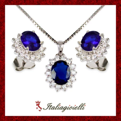 Sfarzosa Parure Zaffiro Brillante in Argento 925 Rodiato Oro Bianco - Immagine 1 di 4
